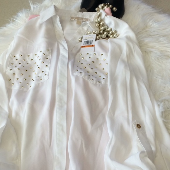 NWT Michael Kors white blouse with gold studs - Picture 3 of 3